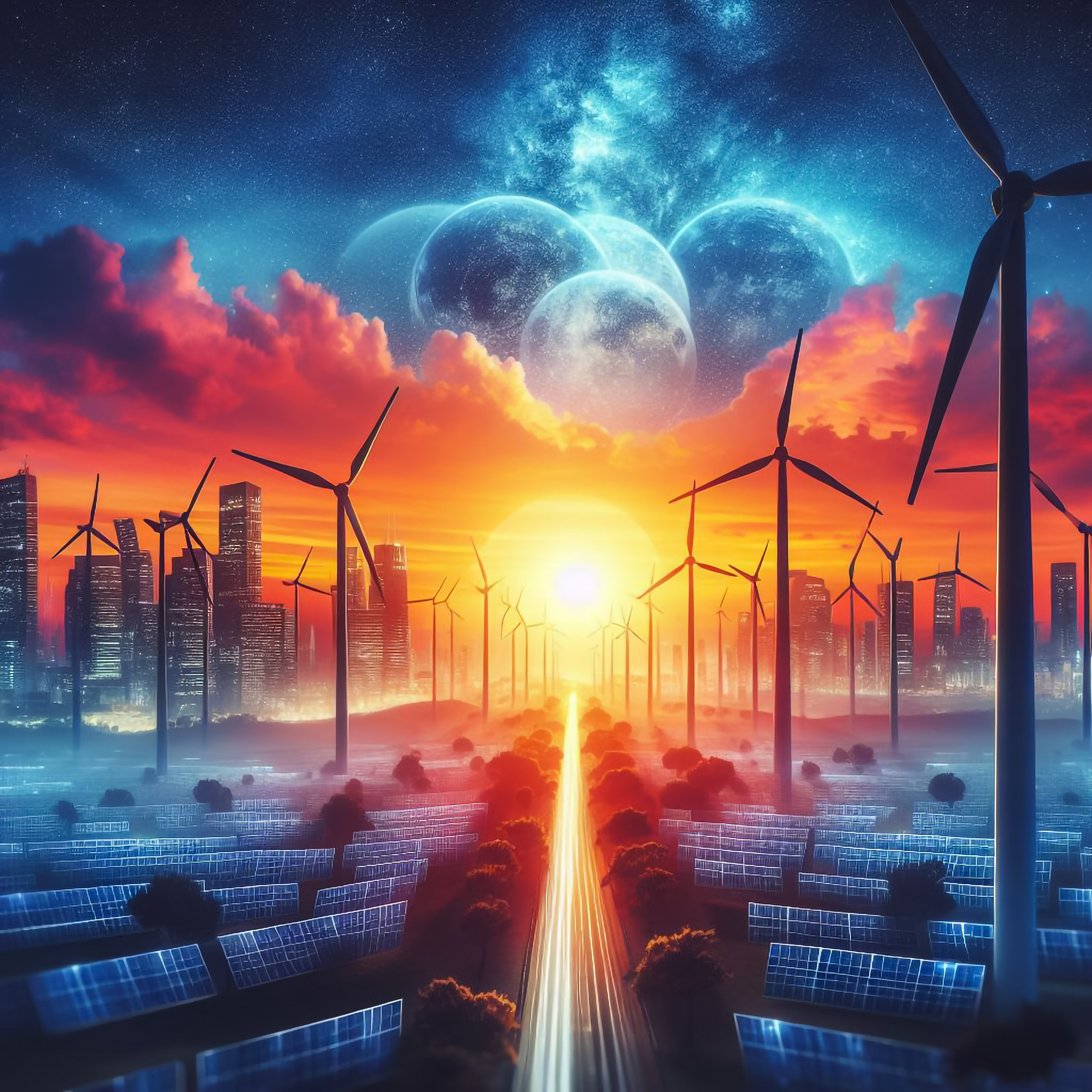 Concept of alternative electricity power with windmills on sunset background